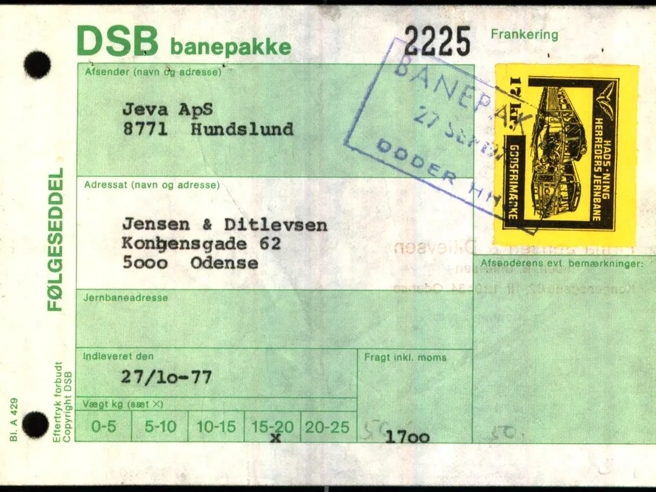 Billede 1 - Banepakke DSB/Hads-Ning - Herreds Jernbane  - Følgeseddel - 27 - 10 - 77 - 1x17 Kr - Stemplet