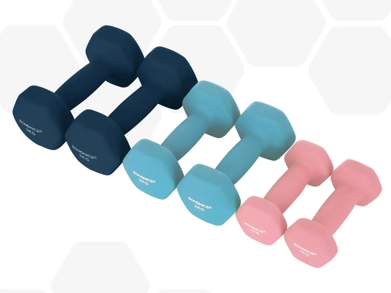 Billede 6 - Håndvægtsæt med stativ – SONGMICS hex håndvægte 2×1 kg, 2×2 kg, 2×3 kg, neopren, pink/aqua/blå