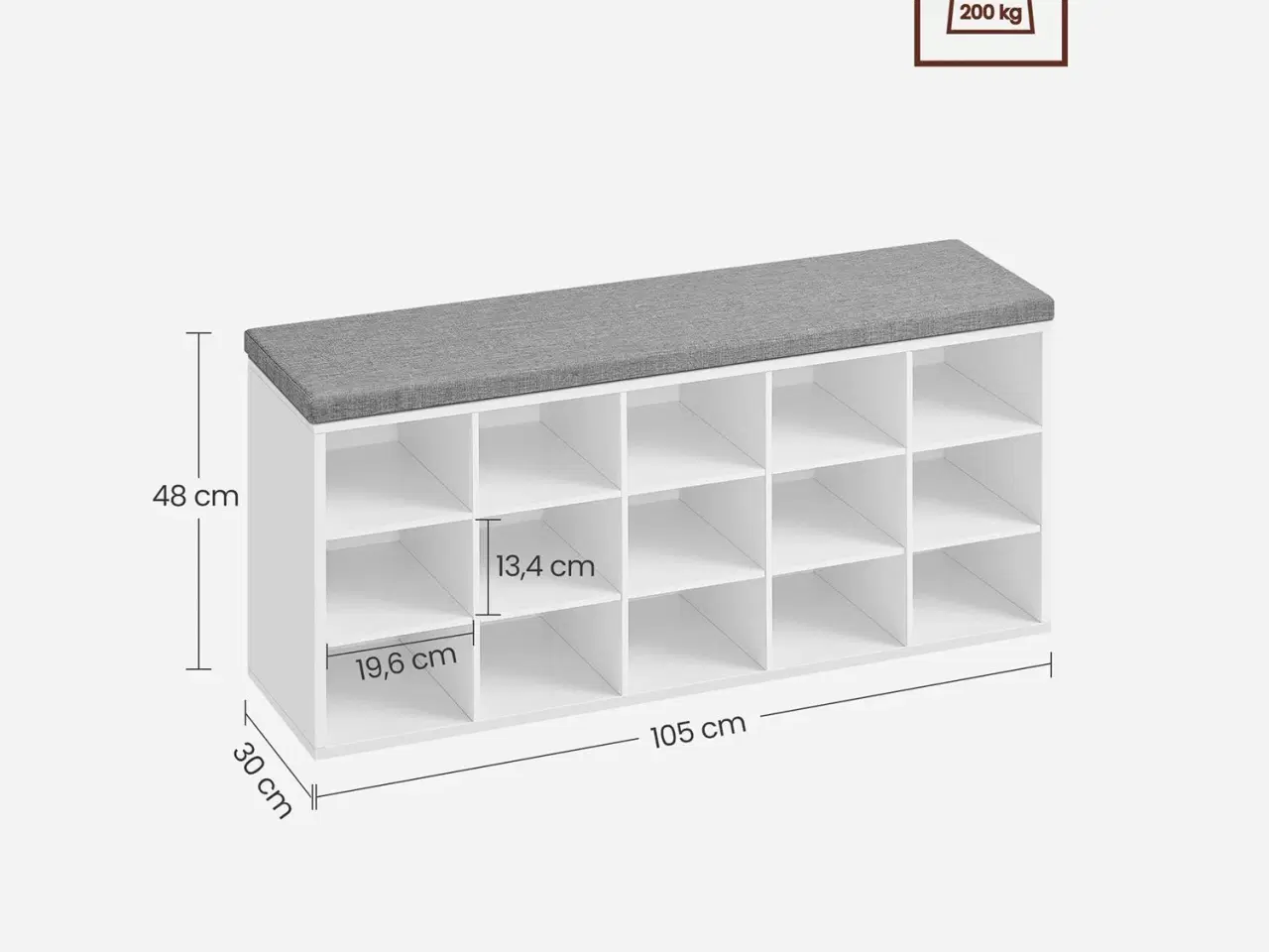 Billede 7 - Skobænk med sæde og 15 rum – hvid/grå opbevaringsbænk til entré, max 200 kg
