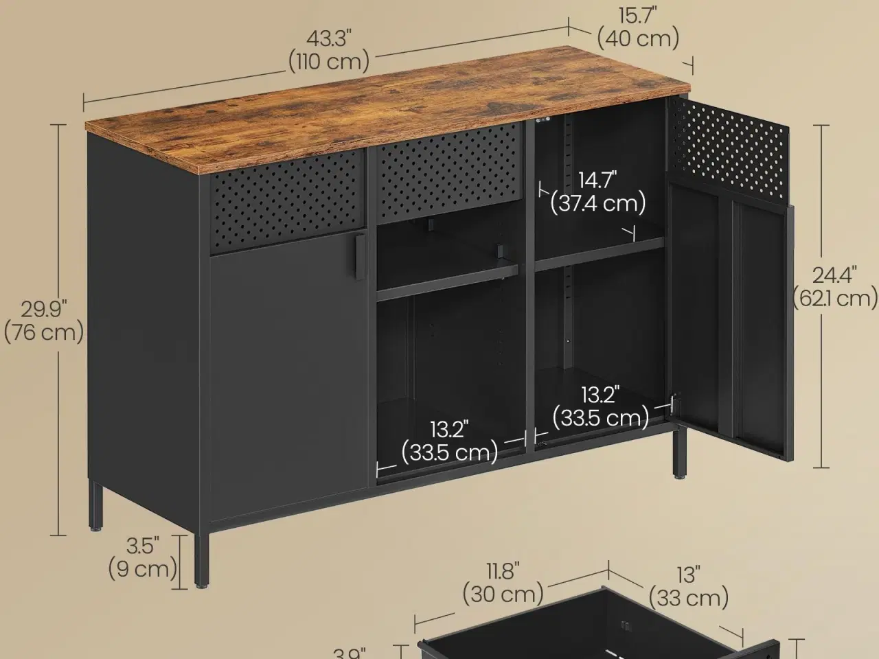 Billede 6 - Metalskab/sideboard med 2 døre – justerbare hylder, rustik brun & mat sort
