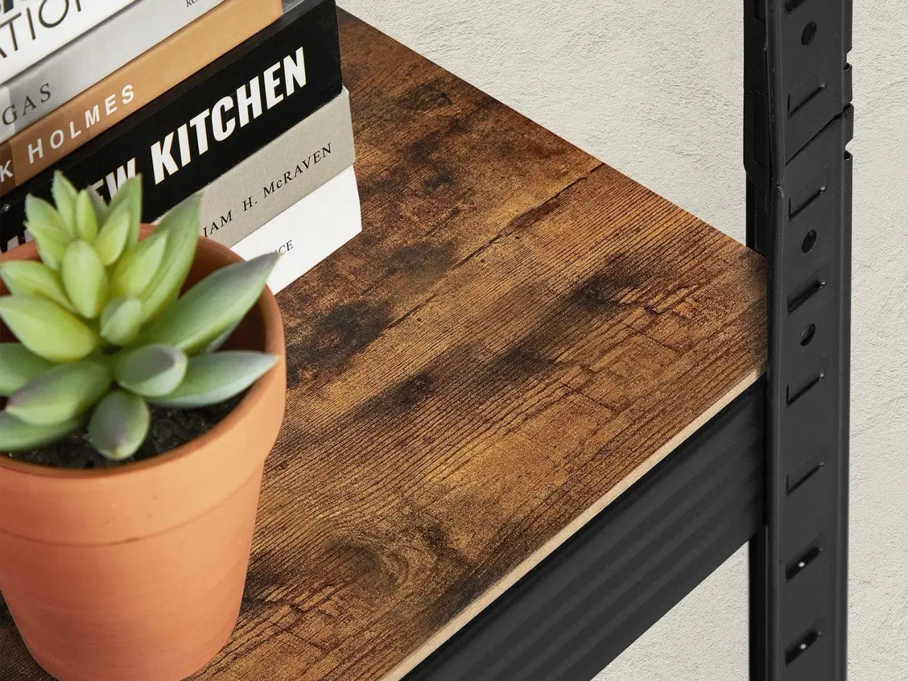 Billede 6 - Reolsystem metal med trælook 37×37×150 cm 5 hylder, justerbar, 400 kg samlet belastning, rustik brun/sort