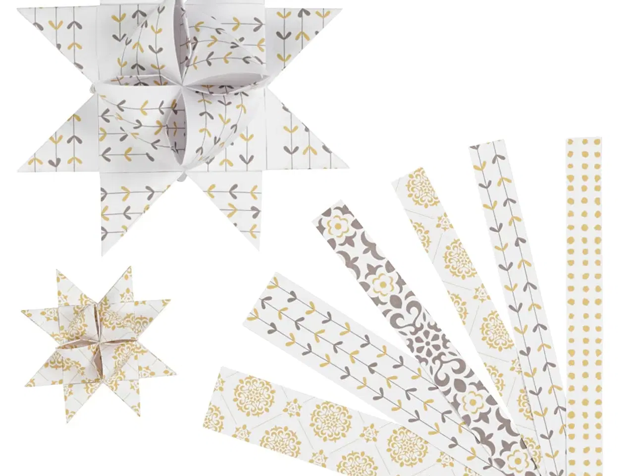 Billede 1 - Stjernestrimler, L: 44+78 cm, B: 15+25 mm, diam. 6,5+11,5 cm, guld, hvid, 48 strimler/ 1 pk.