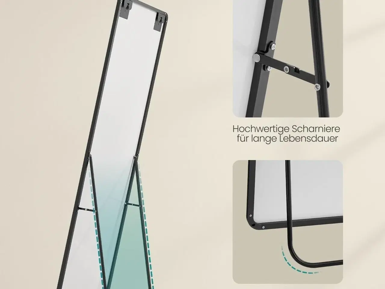 Billede 4 - Gulvspejl fuld længde 160 × 50 cm rektangulært med støtteben, hærdet glas, aluminiumsramme, ink black