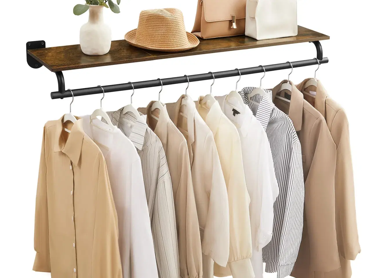 Billede 1 - Vægmonteret tøjstativ med hylde – 28 × 109 × 13,2 cm, rustik brun/sort, bæreevne 35 kg