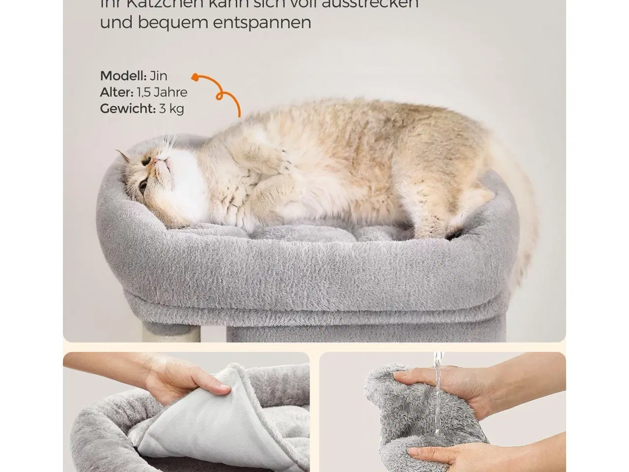 Billede 3 - Kattetræ – FEANDREA, 67 cm kradsetræ med 2 huler, stor liggeplads, til killinger op til 3 kg, lysegrå