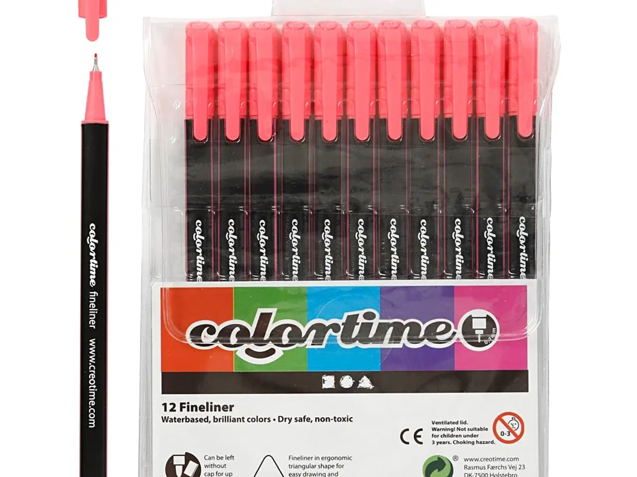 Billede 1 - Colortime Fineliner Tusch, streg 0,6-0,7 mm, pink, 12stk./ 1 pk.