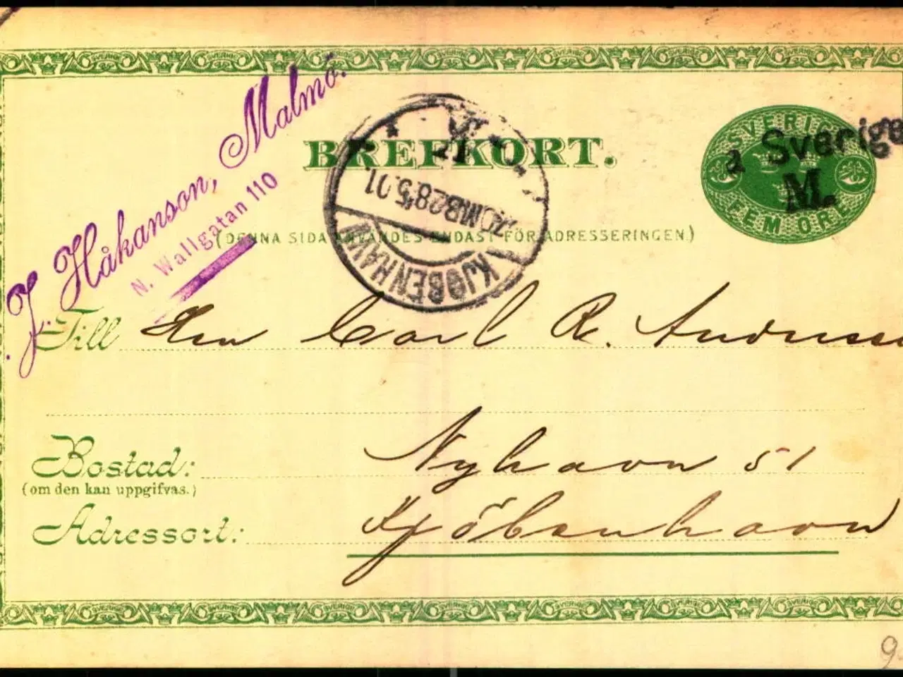 Billede 1 - Fra Sveriege M - Postkort 28 - 5 - 01 - Til Kjøbenhavn