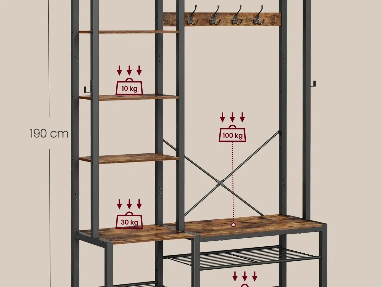 Billede 5 - Entrémøbel med bænk og skohylde 140 × 120 × 190 cm, vintagebrun/sort