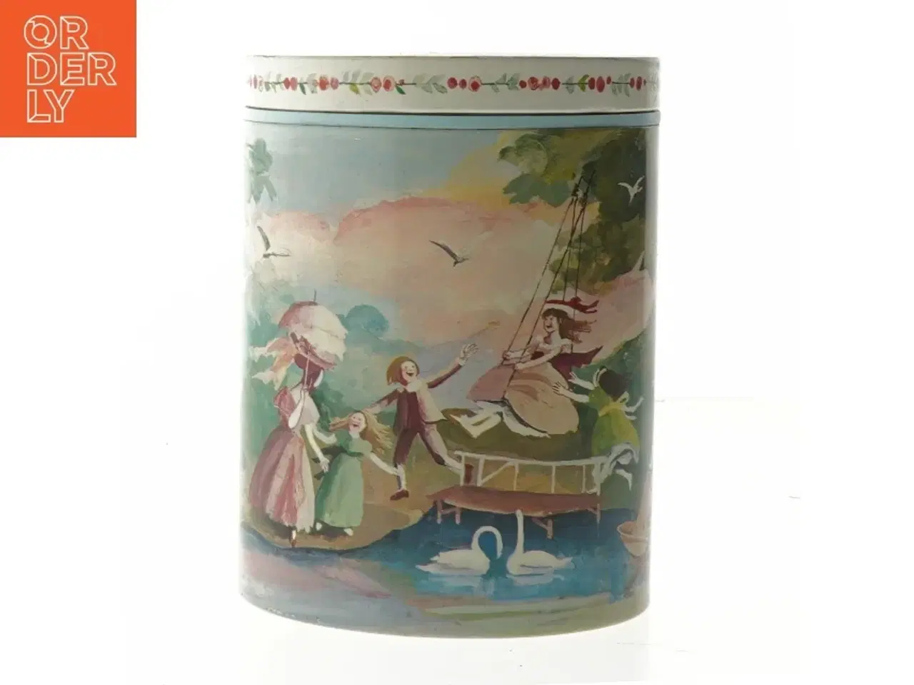 Billede 1 - Malet metaldåse med landskabsmotiv (str. Ø. 11 cm. længde. 15 cm)