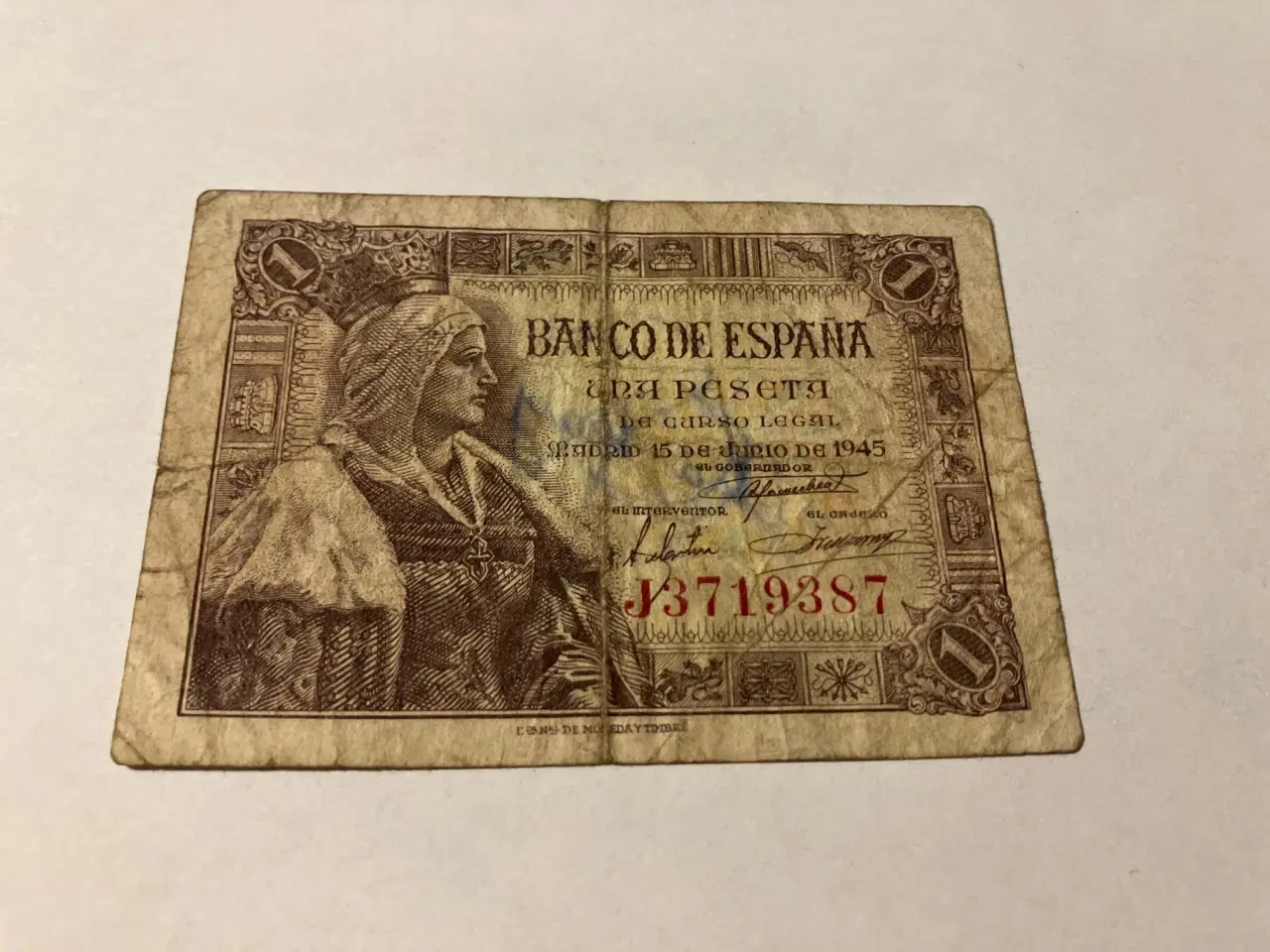 Billede 1 - 1 Peseta 1945 Spain - Meget dårlig stand