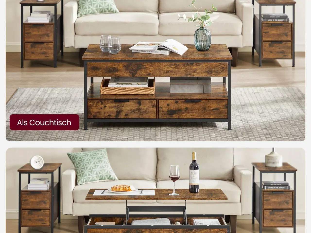 Billede 3 - Sofabord med hæve/sænke-plade skuffer, skjulte rum og åben hylde, rustik brun/sort