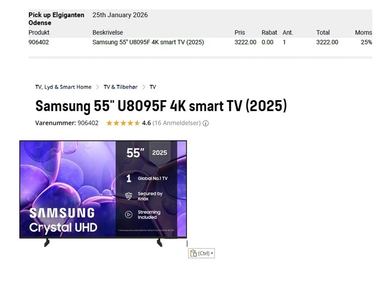 Billede 2 - Nyt Samsung 55" smart TV købt 25.01.2026