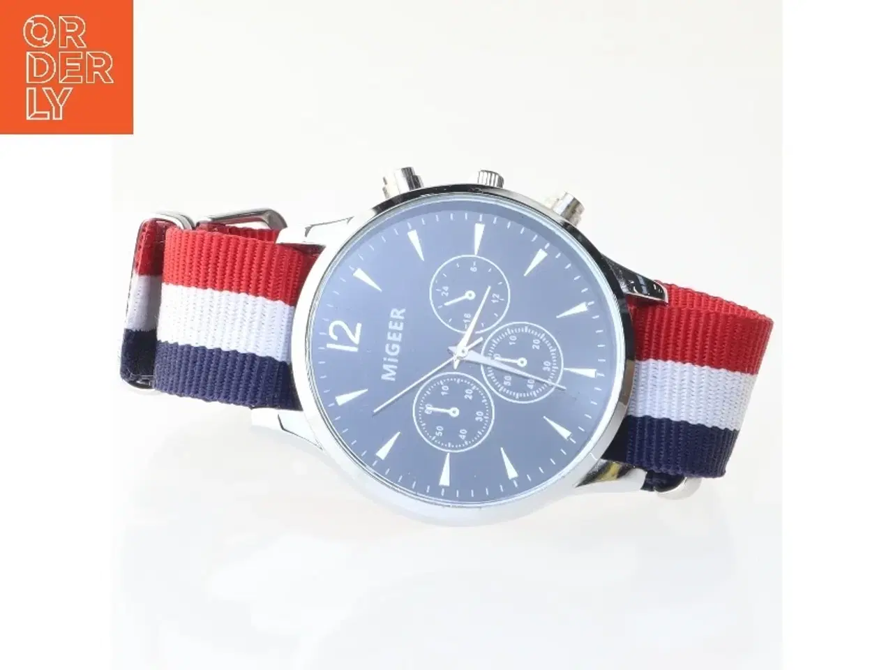 Billede 1 - MiGEER ur med flerfarvet stofrem fra Migeer (str. Ø 4,5 cm)