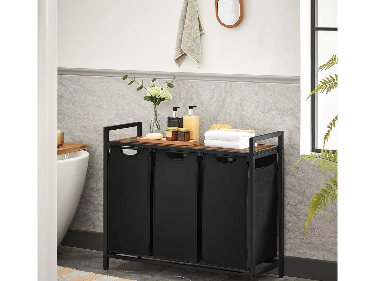 Billede 3 - Vasketøjssorterer med 3 poser og hylde – VASAGLE, rustik brun/sort, 38 l pr. pose