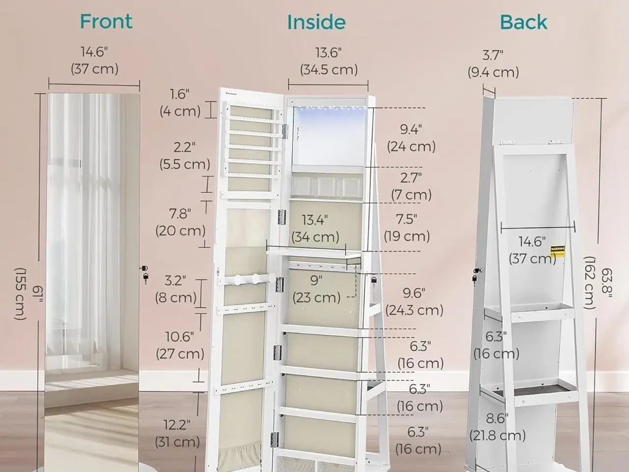 Billede 5 - Spejl-smykkeskab med 6 LED, låsbart – fritstående 360° drejefunktion, rammeløst helkropsspejl, 3 opbevaringshylder – hvid/greige