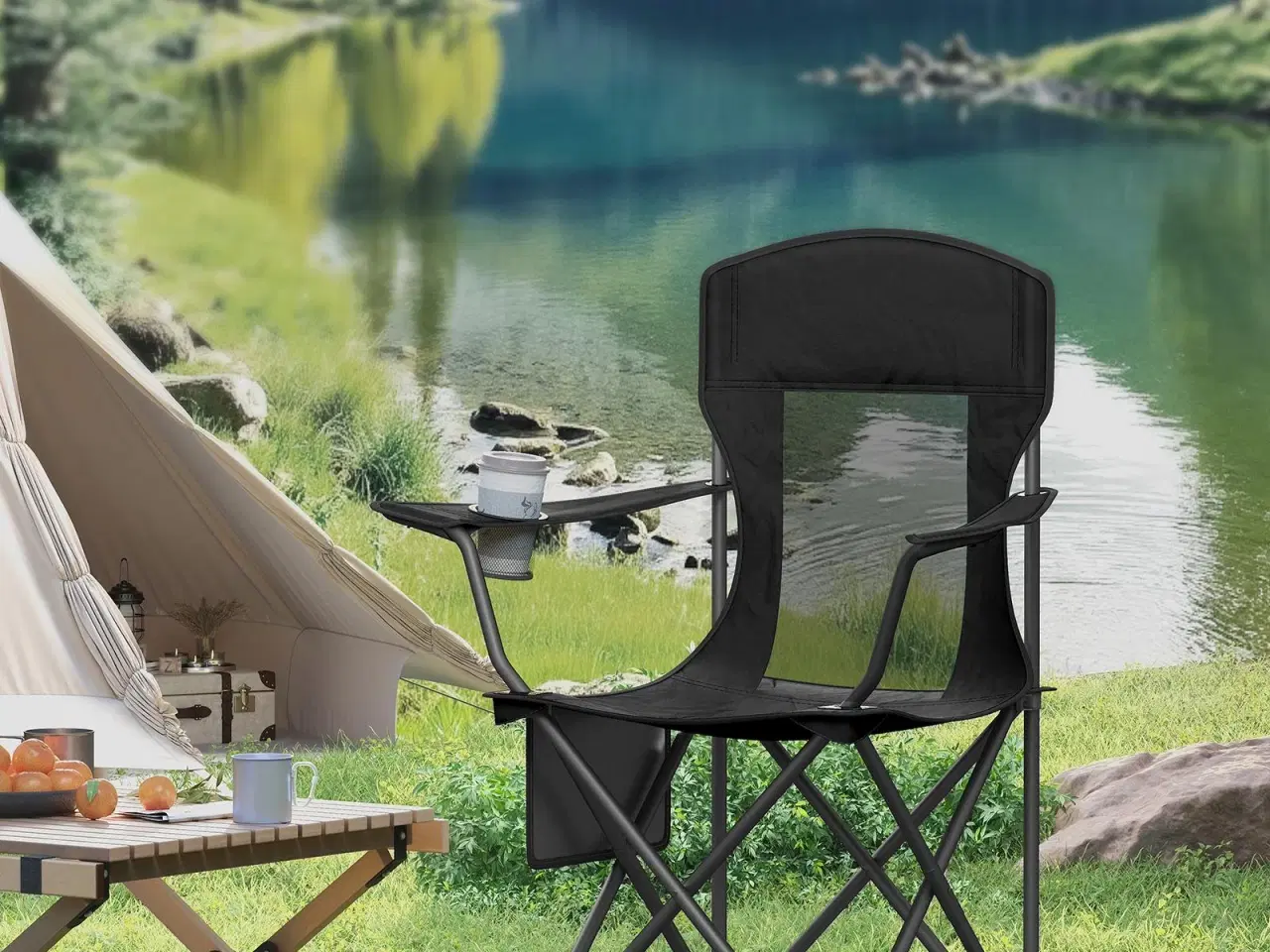Billede 2 - Sæt med 2 foldbare campingstole - høj ryg, justerbare armlæn og kopholder, sort