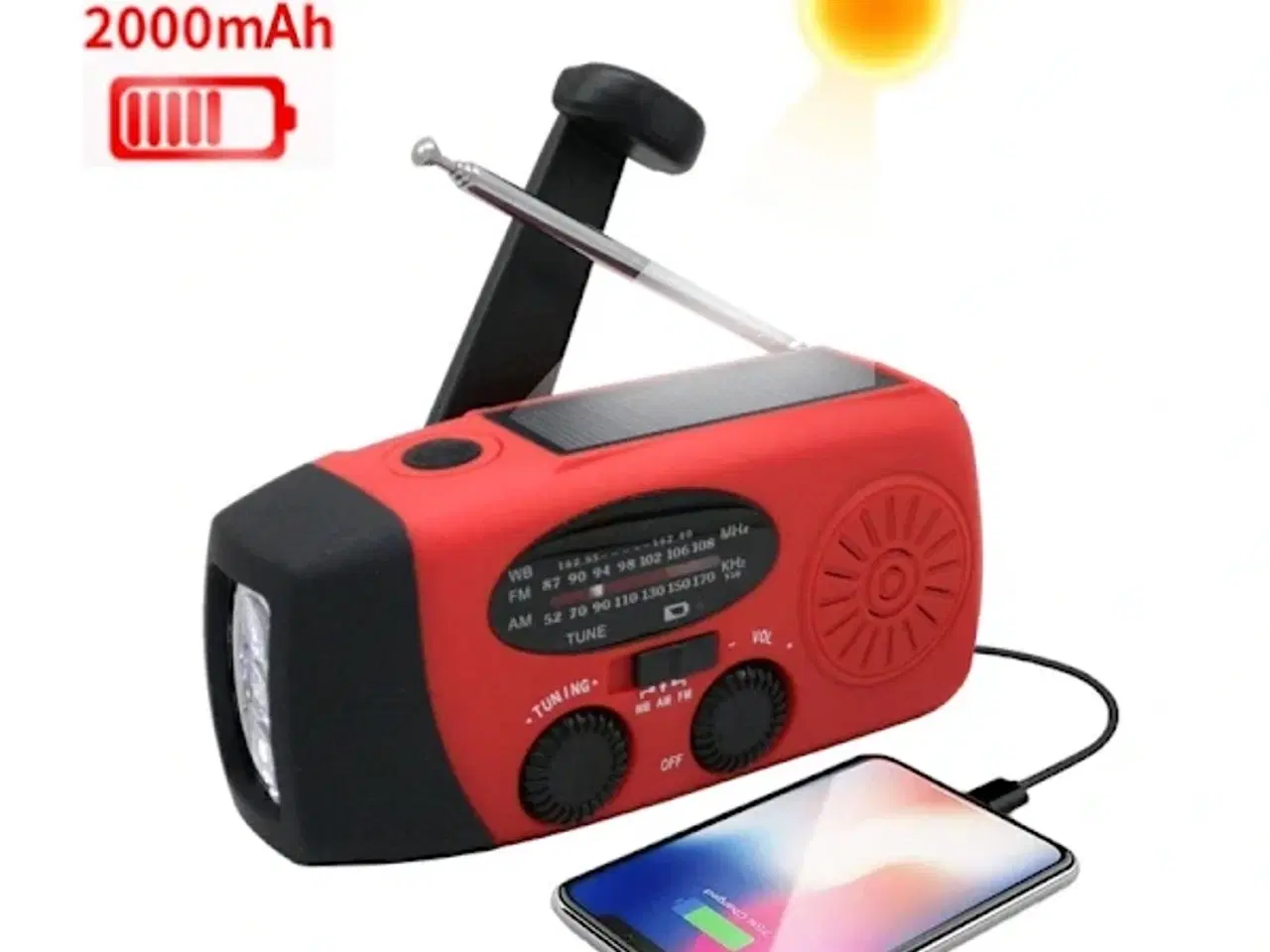 Billede 2 - Håndsvingradio 2000mAh Powerbank, Solceller, Lygte