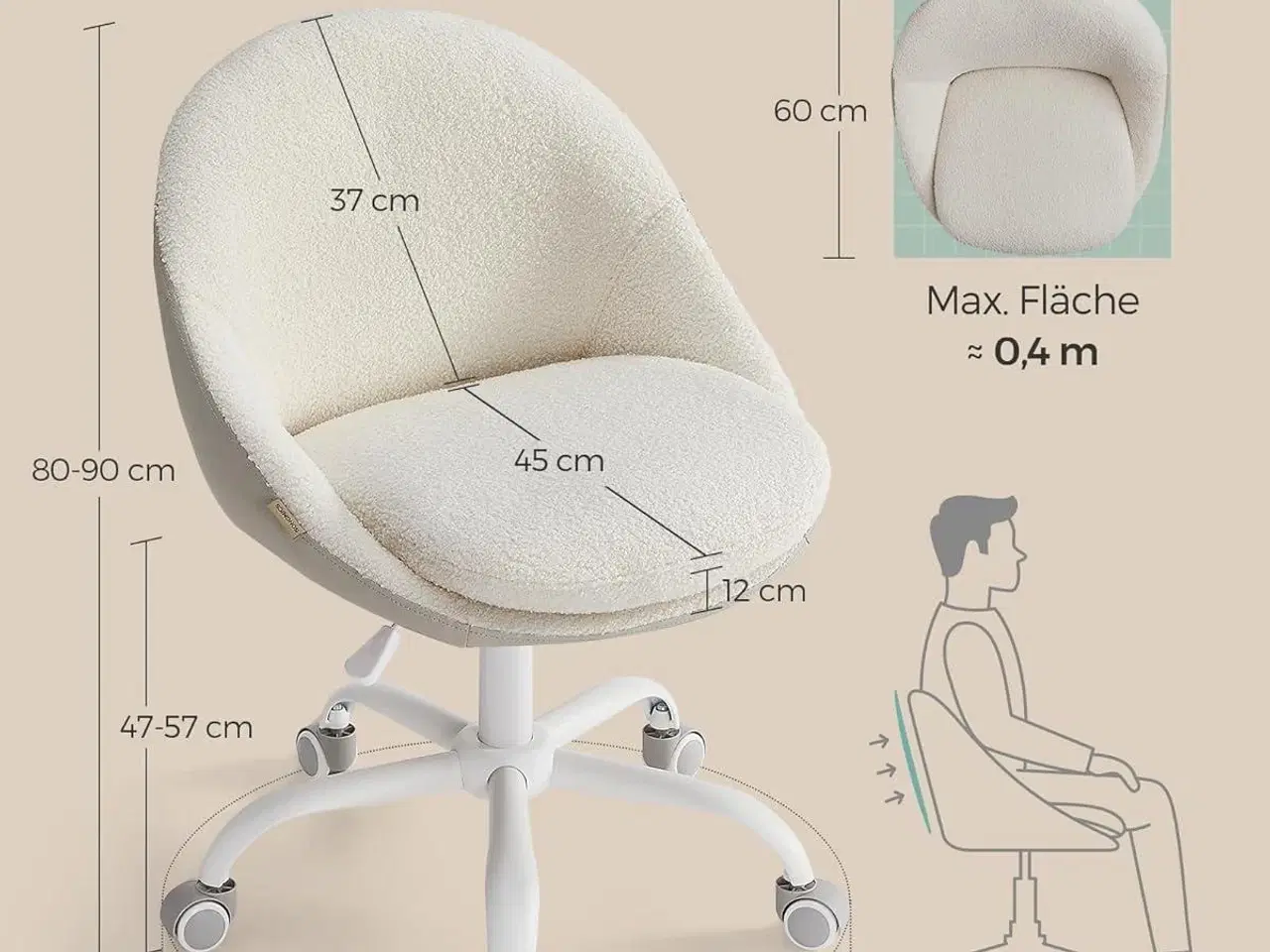Billede 2 - Kontorstol SONGMICS sherpa – højdejusterbar drejestol til hjemmekontor og make-up, cappuccino beige/cloud hvid
