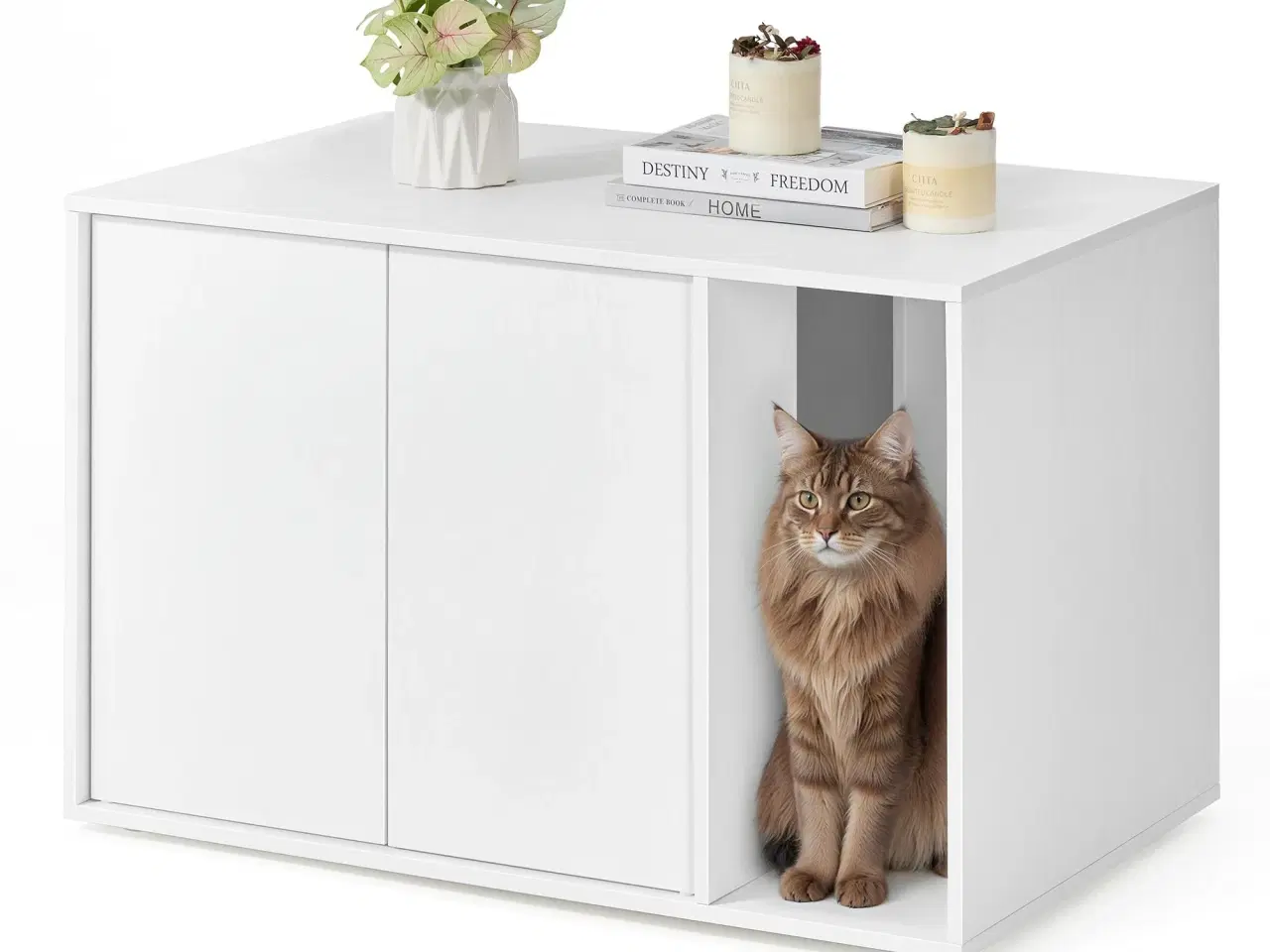 Billede 3 - Kattebakke-skab med sidebord HOME, hurtig samling uden værktøj, til store katte, push-to-open låger, minimalistisk sofabord, Snehvid (PCL013W01)