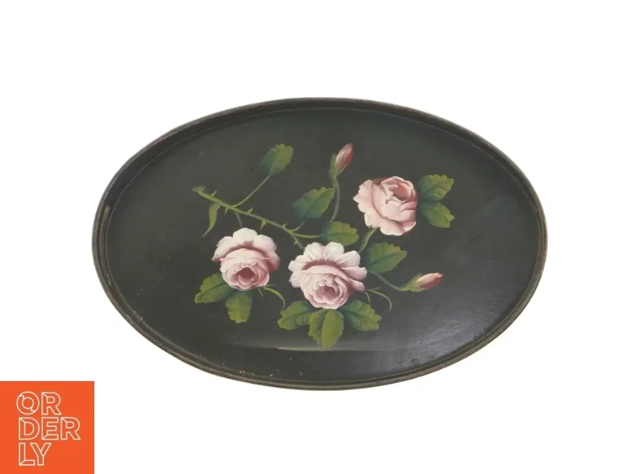 Billede 1 - Oval træbakke med blomstermotiv (str. 41,5 x 27 x 4,5 cm)