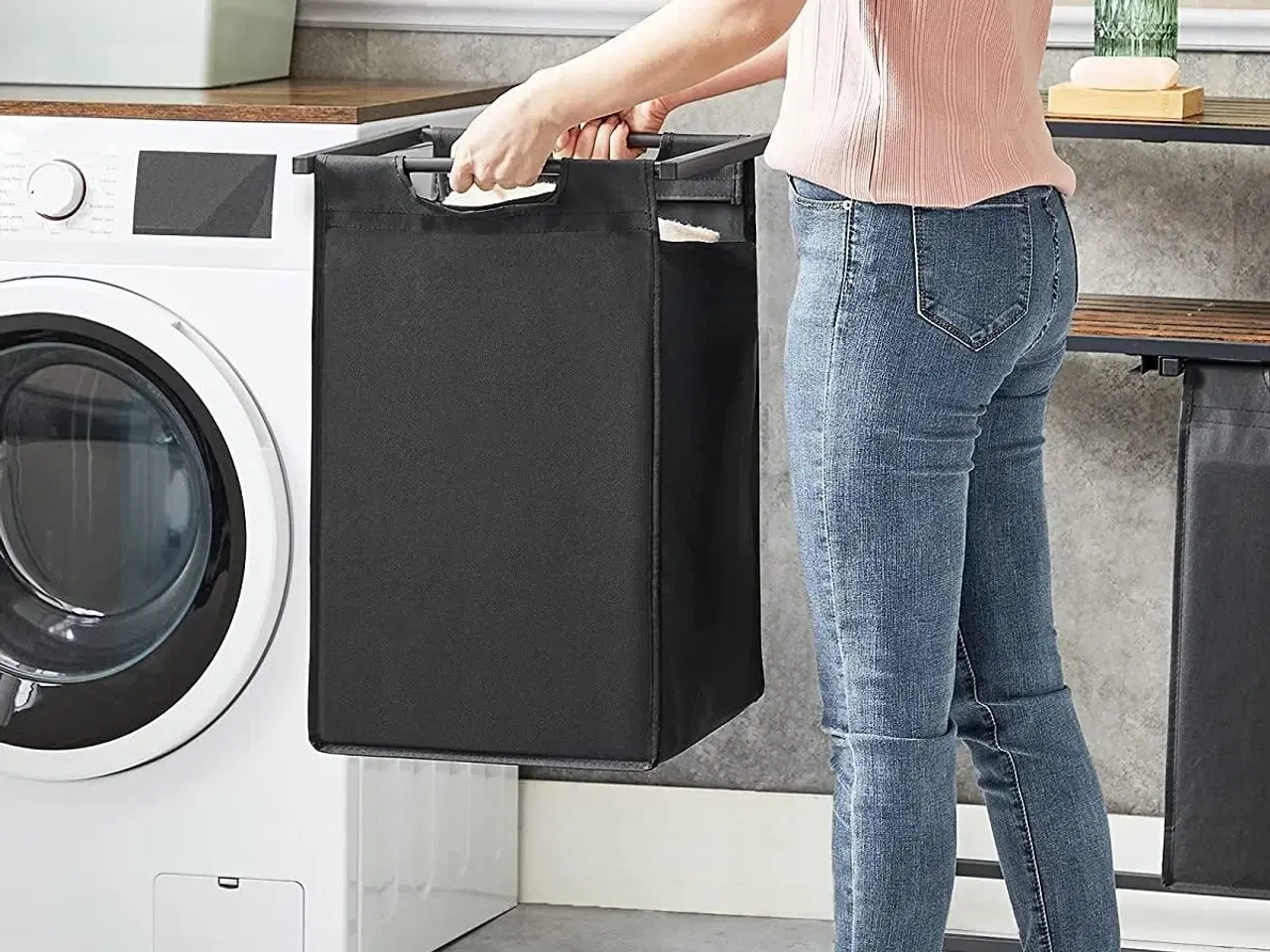 Billede 6 - Vasketøjskurv med 2 rum – VASAGLE, 2 x 46 l, 73 × 33 × 72 cm, rustik brun/sort