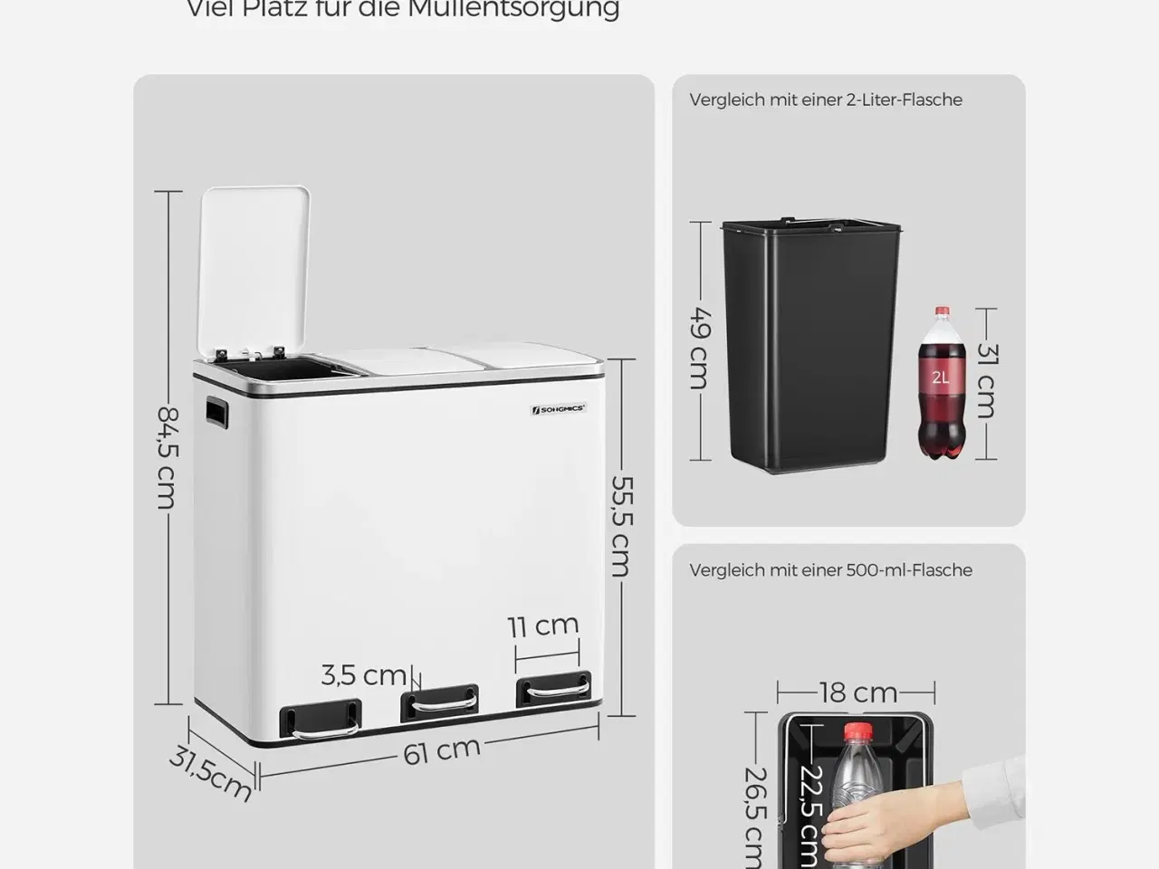 Billede 7 - Skraldespand til affaldssortering 3 x 18 l – SONGMICS pedalspand, hvid