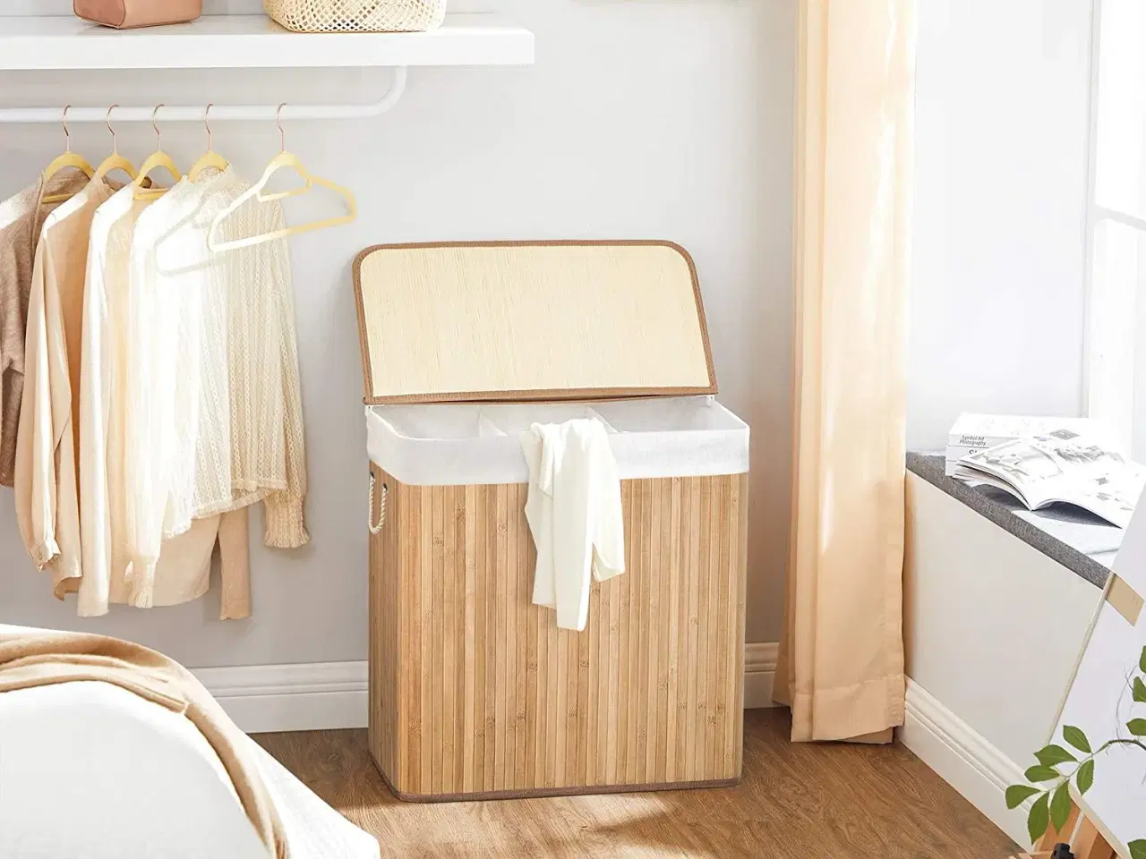 Billede 3 - Vasketøjskurv med låg 3 rum, 150 l, sammenklappelig, natur