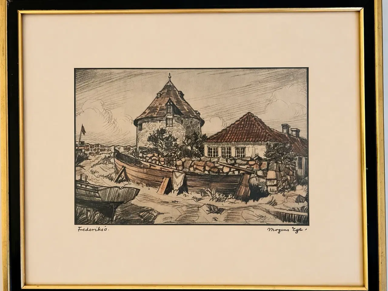 Billede 1 - Mogens Ege litografi med akvarel farver