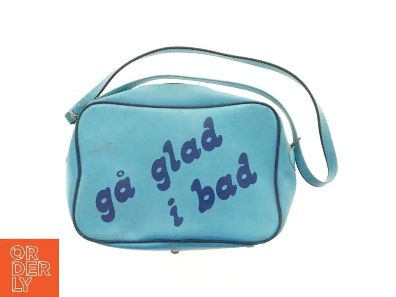 Billede 1 - Blå skuldertaske med tekst &#39;gå glad i bad&#39; (str. 40 x 28 x 10 cm)