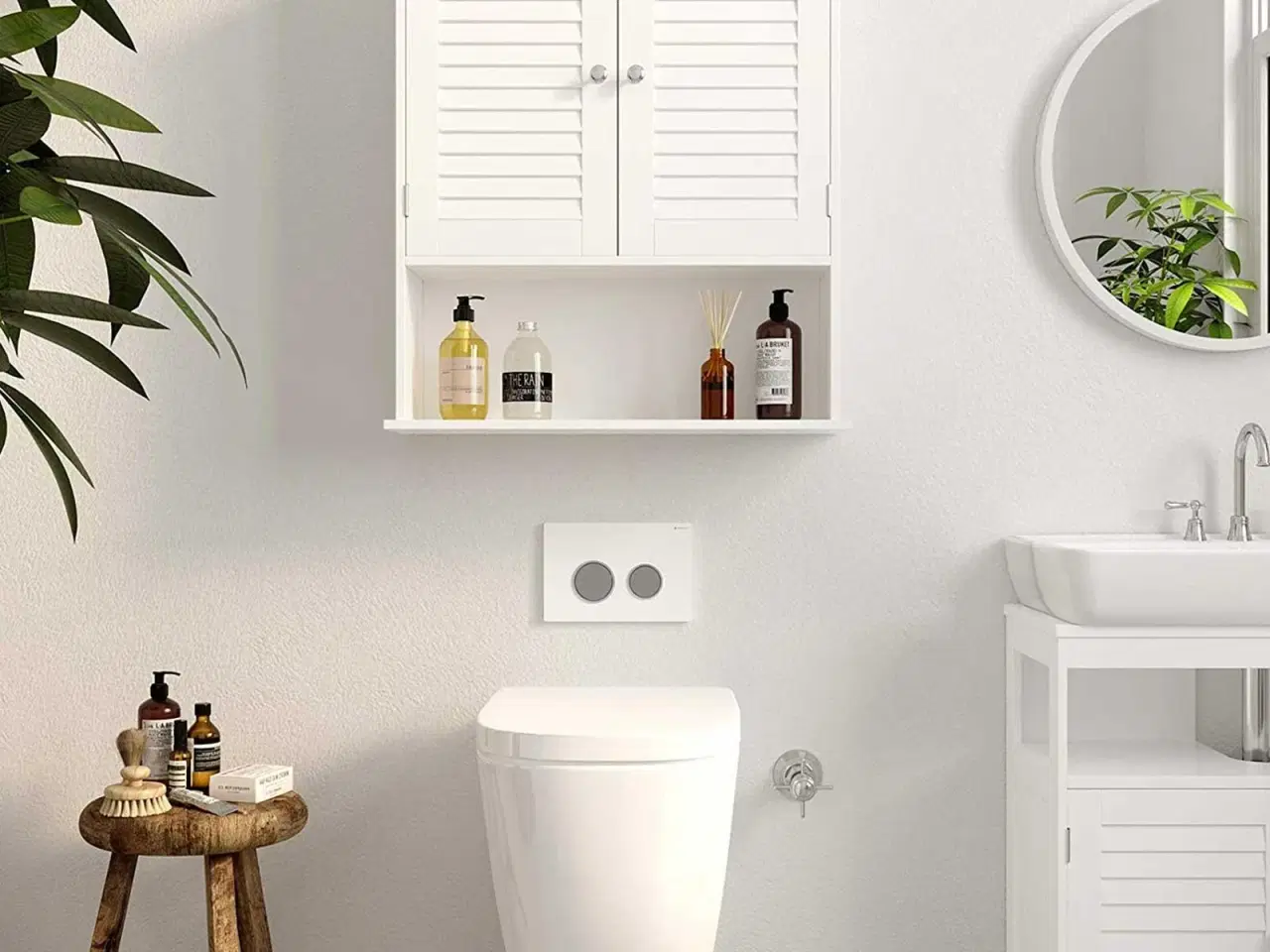 Billede 3 - Vægskab badeværelsesskab med justerbar hylde, dobbelt lameldør og åben hylde, 60 × 20 × 70 cm, hvid