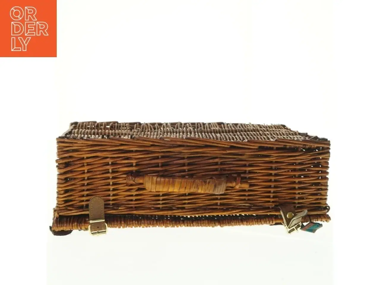 Billede 2 - Fletkurv kuffert med låg og læderdetaljer, til picnic (str. Niogtredve x, 21 x 12 cm)