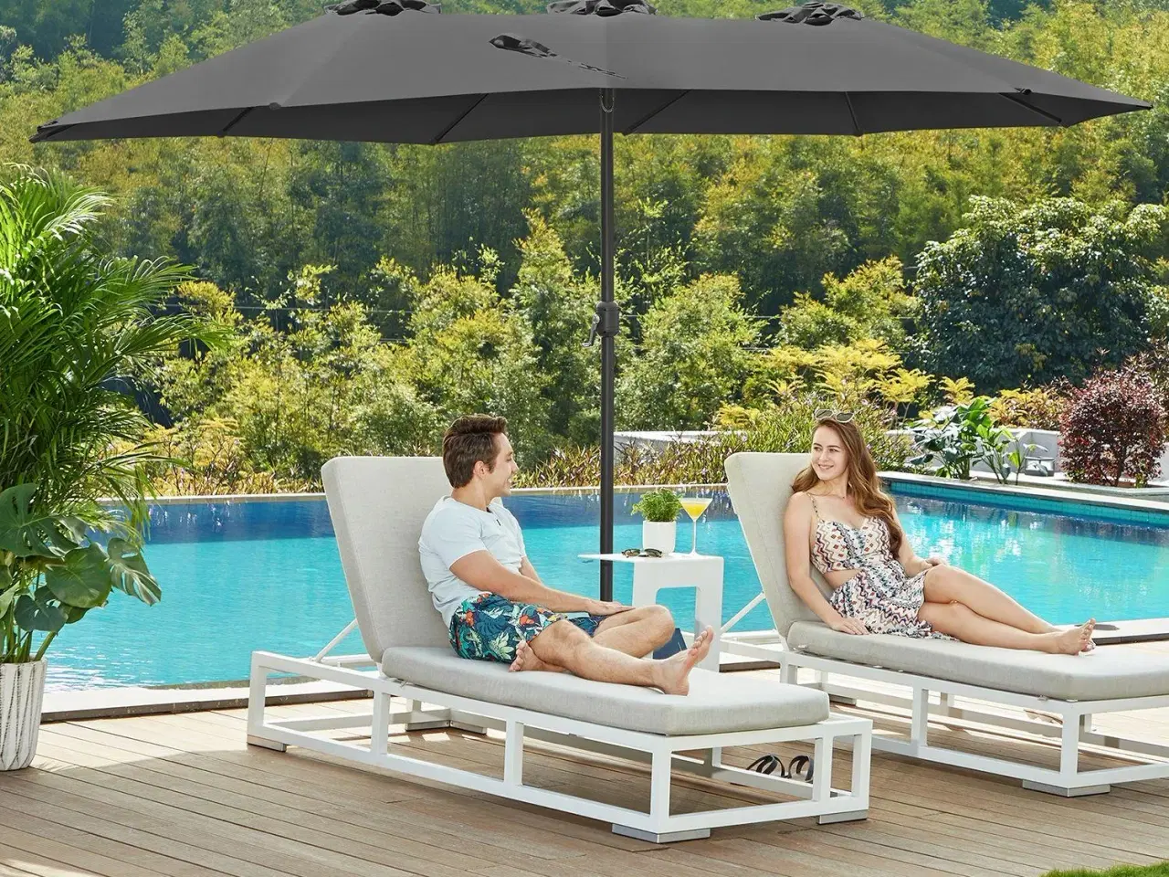 Billede 2 - Parasol dobbelt 460 × 270 cm stor terrasseparasol med svej, UPF 50+, håndsving, grå (uden base)