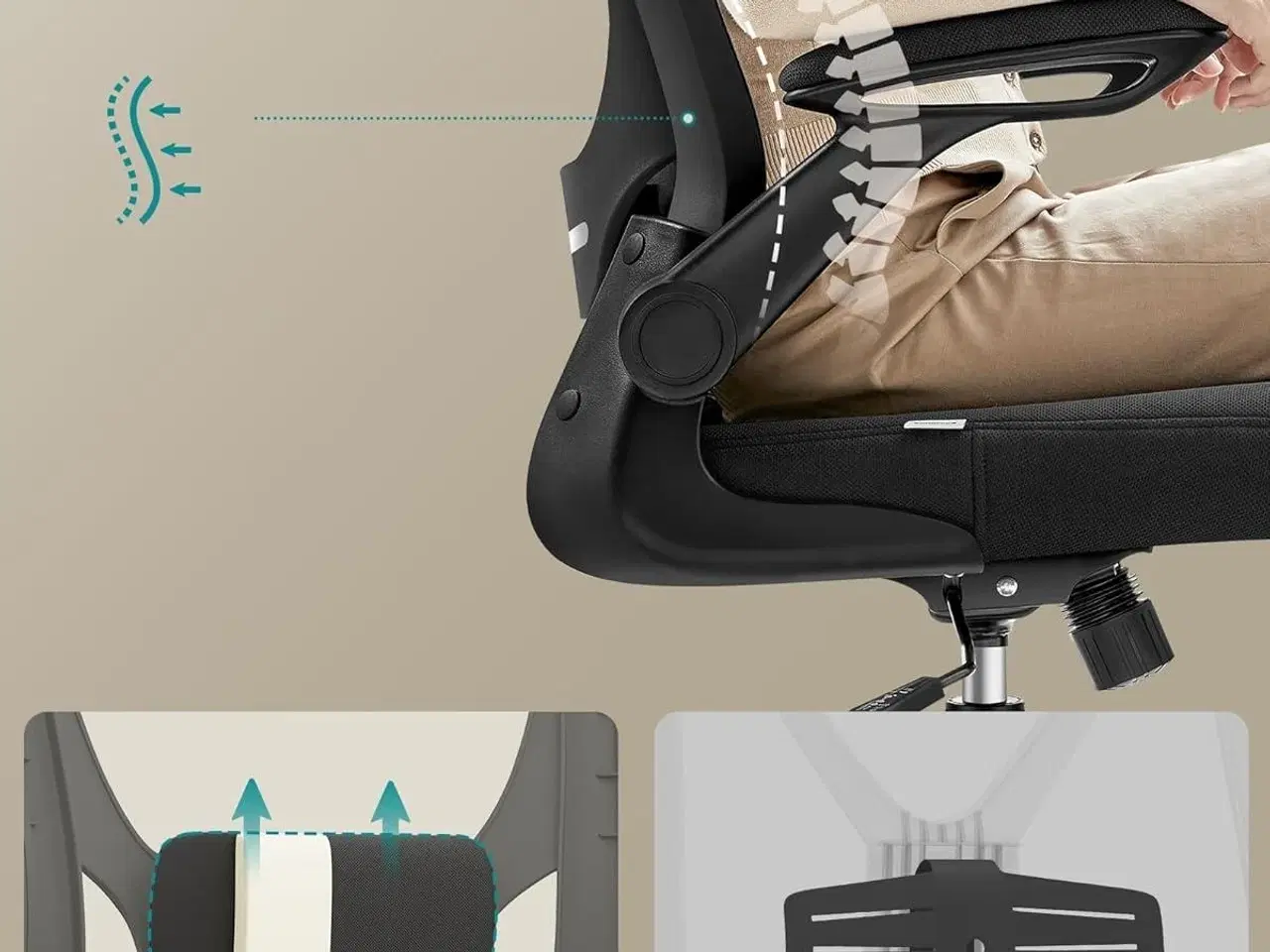 Billede 3 - Kontorstol med armlæn – SONGMICS ergonomisk drejestol med net, justerbar lændestøtte og hovedstøtte, gyngfunktion, 53 cm sæde, blæksort