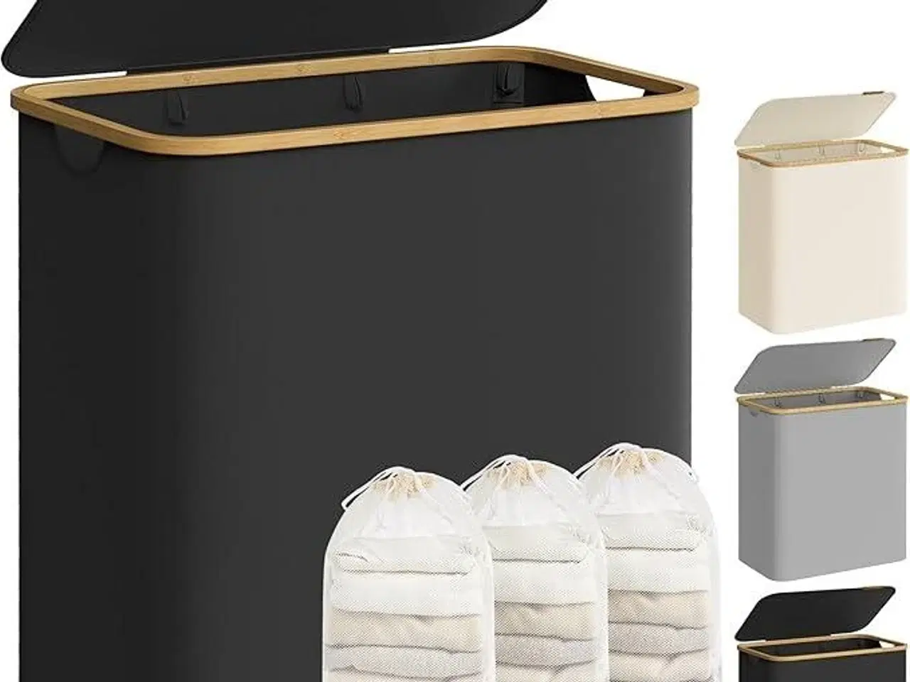 Billede 1 - Vasketøjskurv med låg 3 rum, 150 l, aftagelig meshpose, Oxford-stof, bambushåndtag, sammenklappelig, 60 × 38,5 × 70,5 cm, ink sort