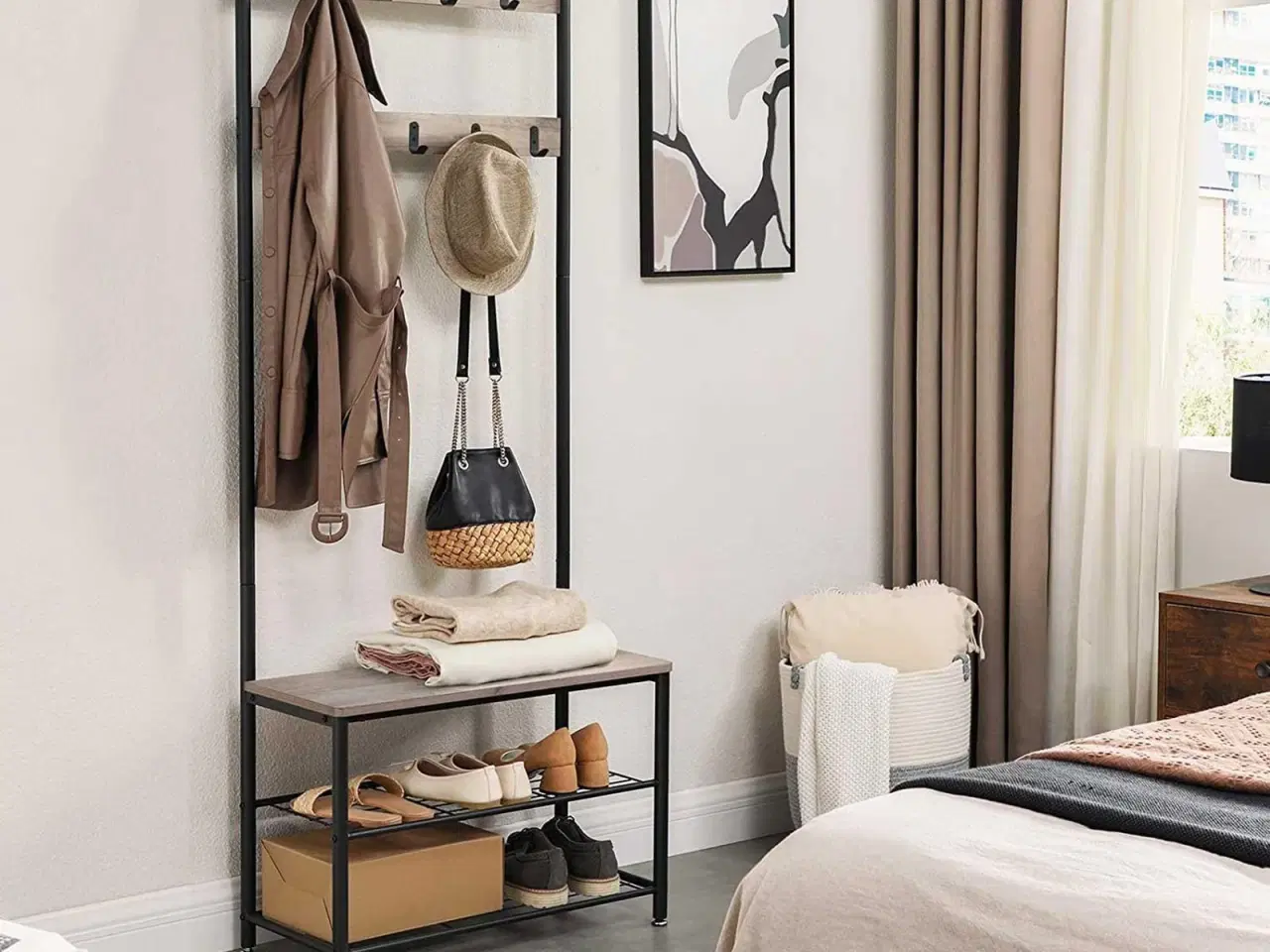 Billede 4 - Tøjstativ med bænk og skohylde 3-i-1 entremøbel, stålramme, 70 × 32 × 175 cm, industriel greige/sort (HSR41MB)