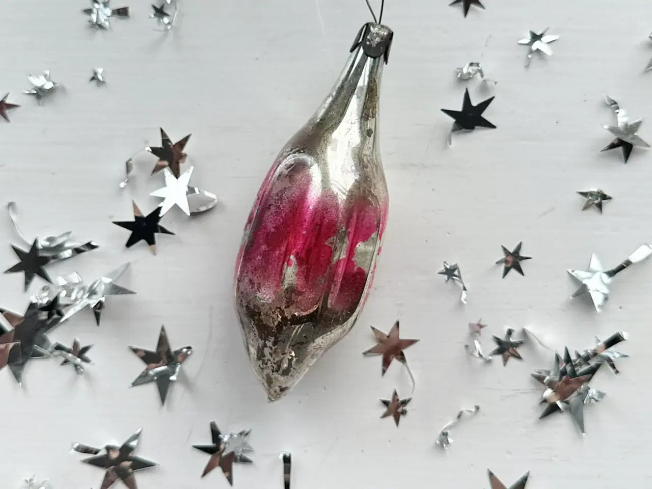 Billede 1 - Vintage julekugle, stor sølvdråbe m patineret pink