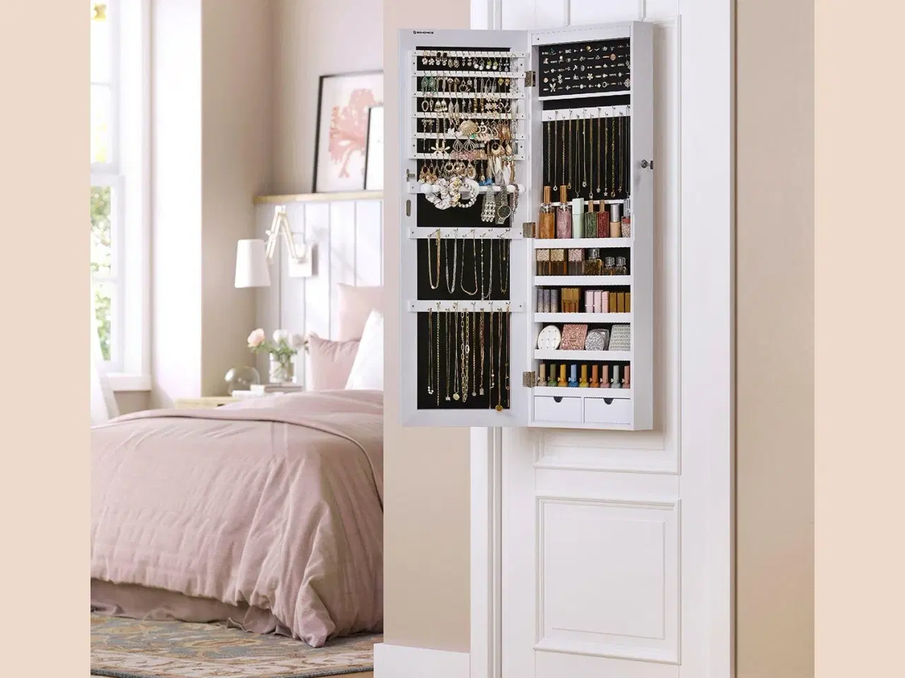 Billede 3 - Spejlskab til smykker med lys – rammeløst vægspejl/ dørophæng, stor kapacitet, hvid (JJC99WT)