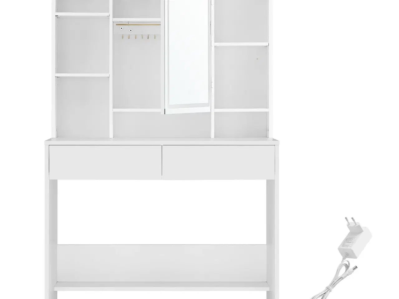 Billede 2 - Toiletbord med LED spejl – VASAGLE, hvid, 2 skuffer, justerbare hylder