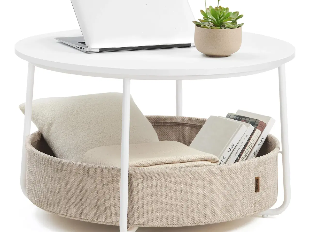 Billede 2 - Sofabord rund med opbevaring – VASAGLE, stofkurv, metalstel, mat hvid/kamelbrun