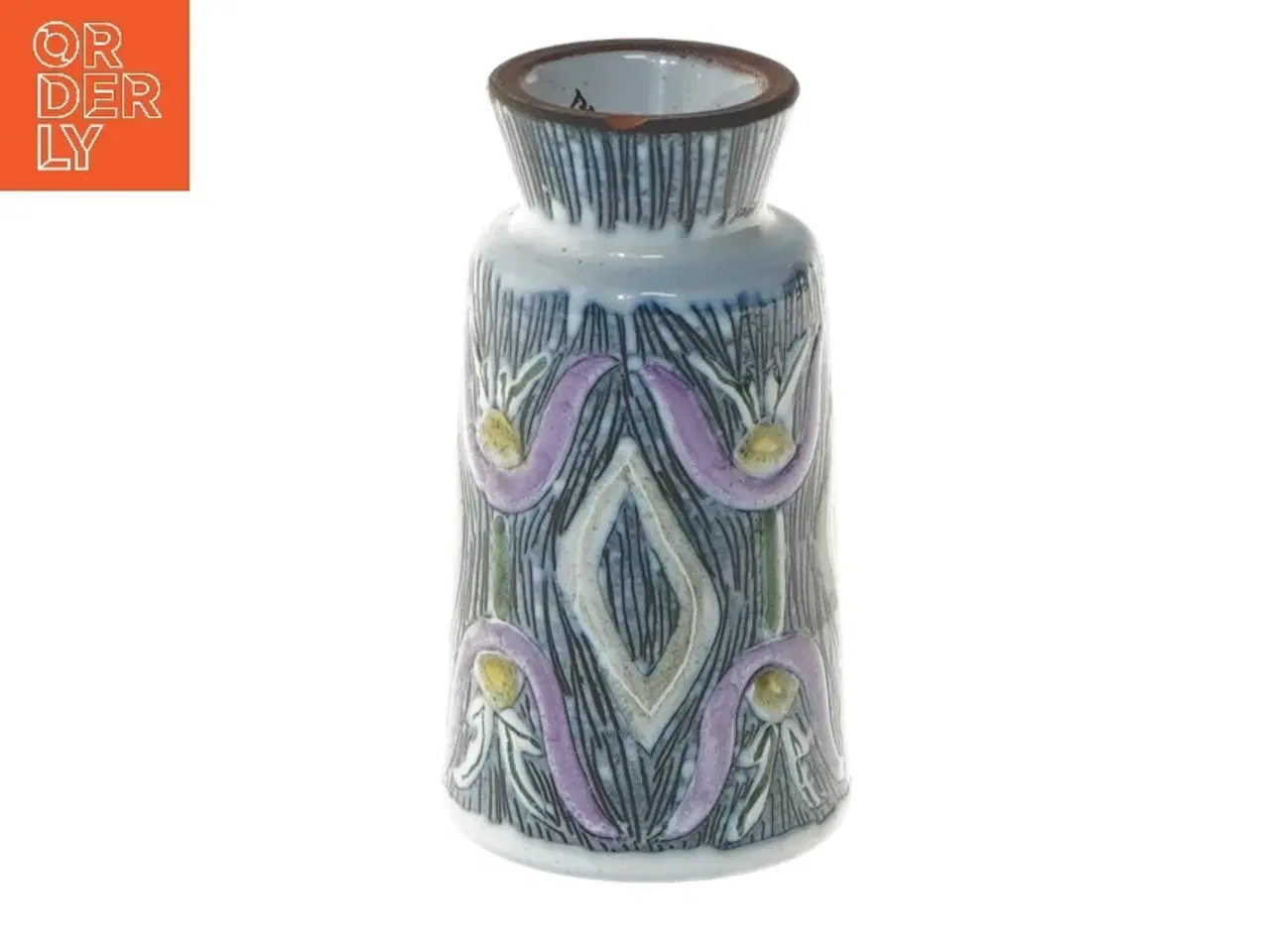 Billede 1 - Keramisk vase med blomstermotiv (str. Ø 5 cm længde 12 cm)