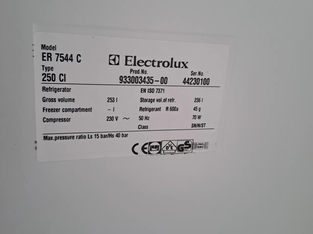 Billede 4 - Brugt Elektrolux køleskab 250 l sælges