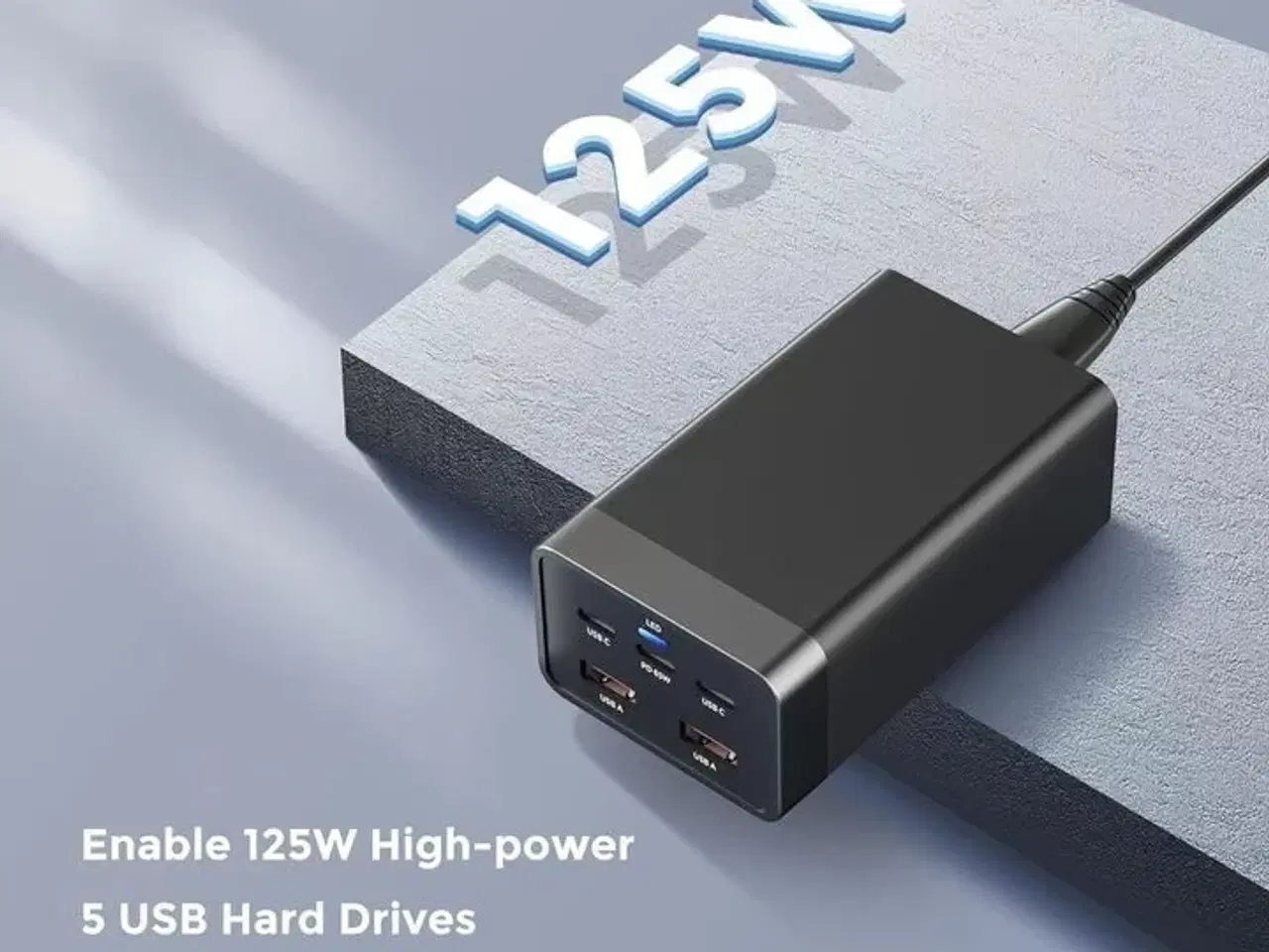 Billede 1 - 2 stk. Mobiltilbehør vægadapter 125W GaN – 2×USB-A + 3×USB-C – Sort