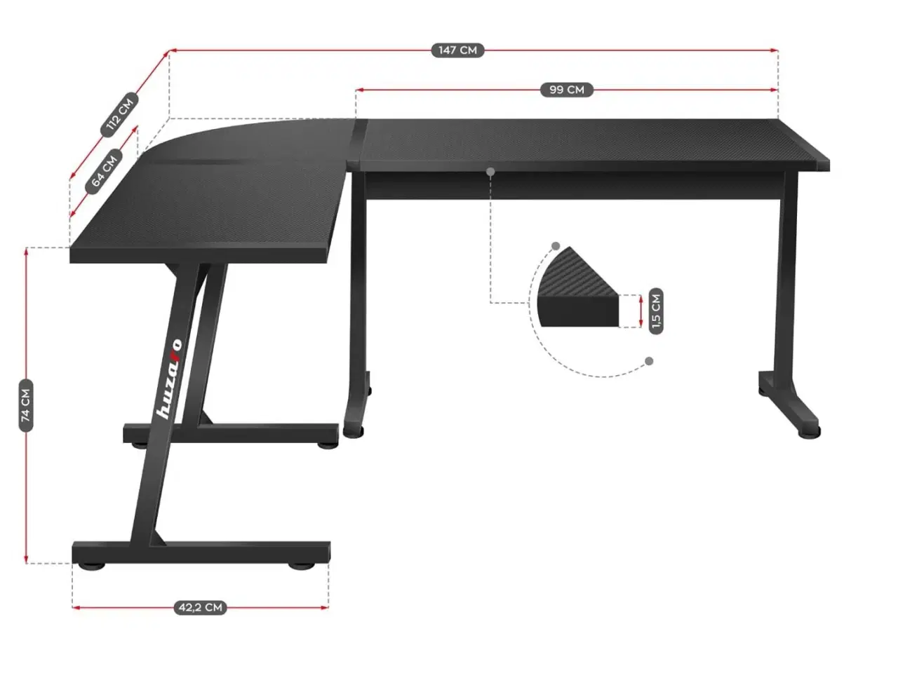 Billede 8 - Gamingbord hjørne – Huzaro Hero 6.0, sort