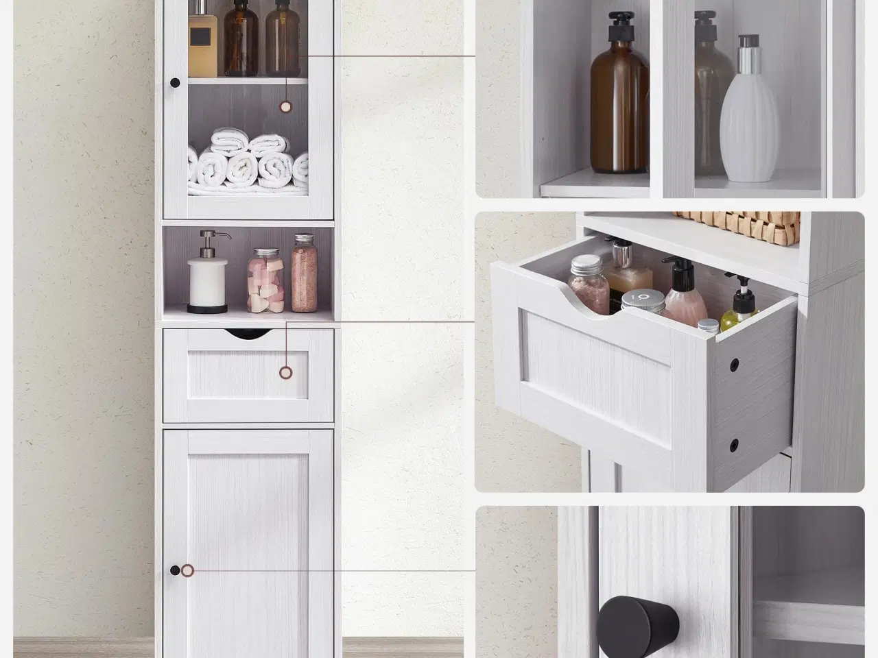 Billede 7 - Højt badeværelsesskab VASAGLE – smalt kolonnemøbel med justerbare hylder, glasdør og skuffe, hvid træstruktur (BBK163T44)