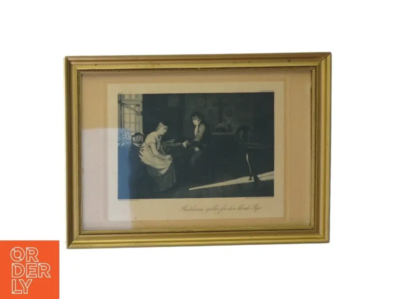 Billede 1 - Gammel gylden træramme med billede “Beethoven spiller for den blinde pige” Carl Stenders Forlag  (27 x 20 cm)