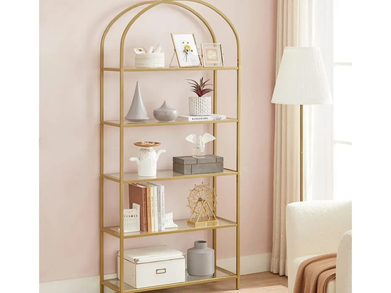 Billede 2 - Reol med 5 hylder – VASAGLE, hærdet glas og stål, buet design, gylden (LGT050A01)