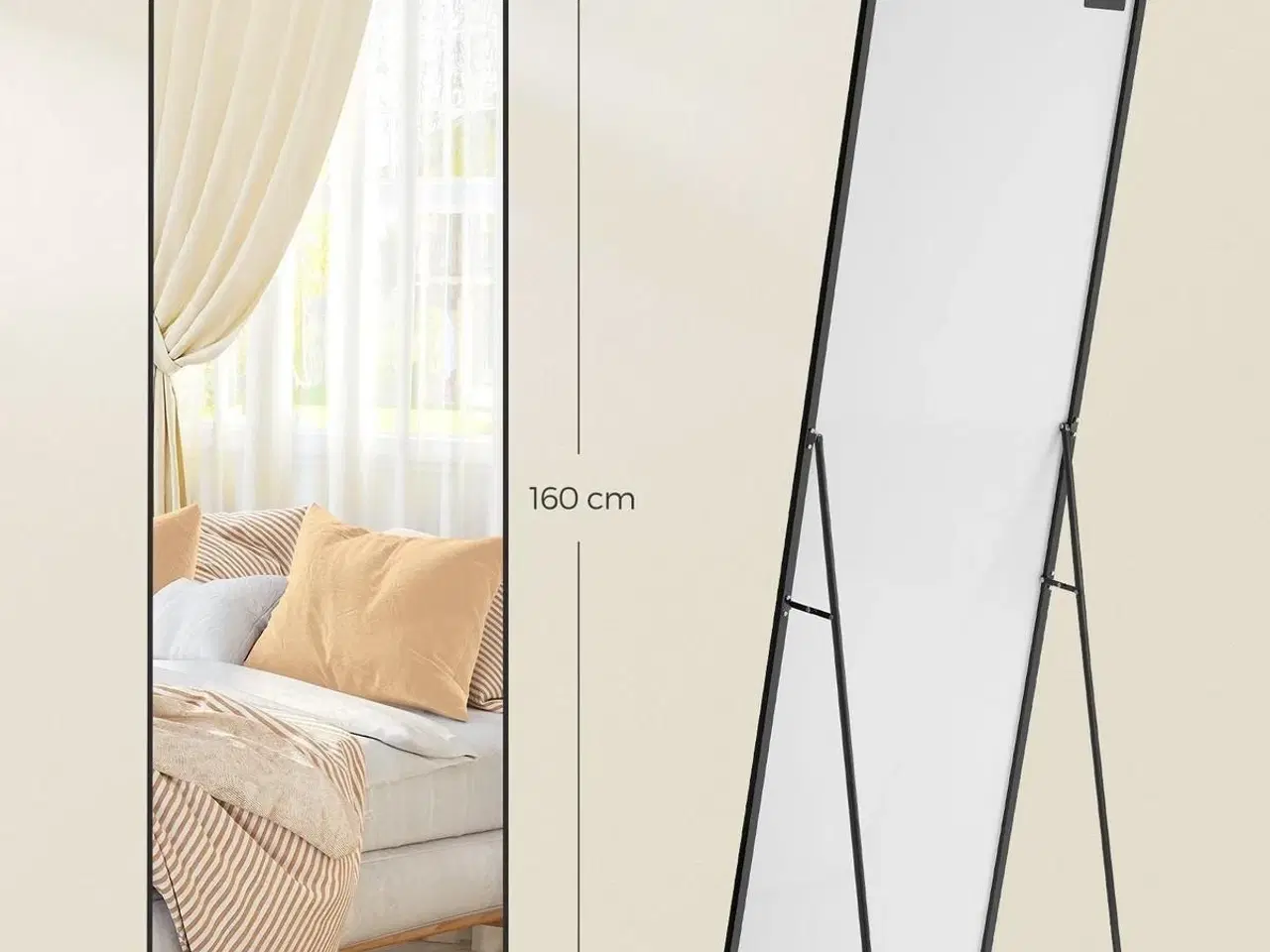 Billede 5 - Gulvspejl fuld længde 160 × 50 cm rektangulært med støtteben, hærdet glas, aluminiumsramme, ink black