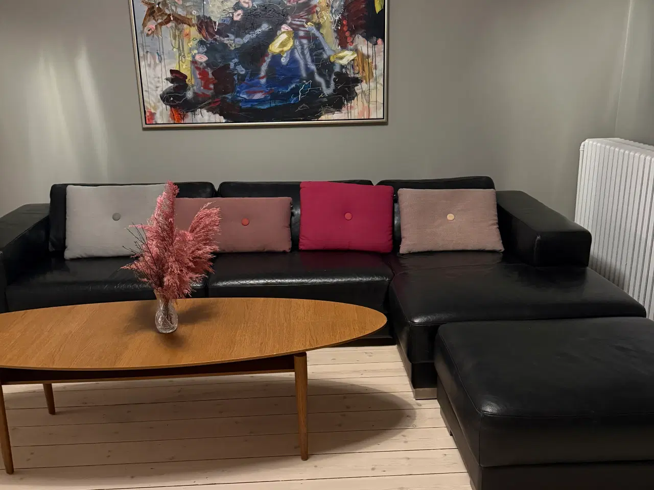 Billede 1 - Lædersofa med chaiselong og puf