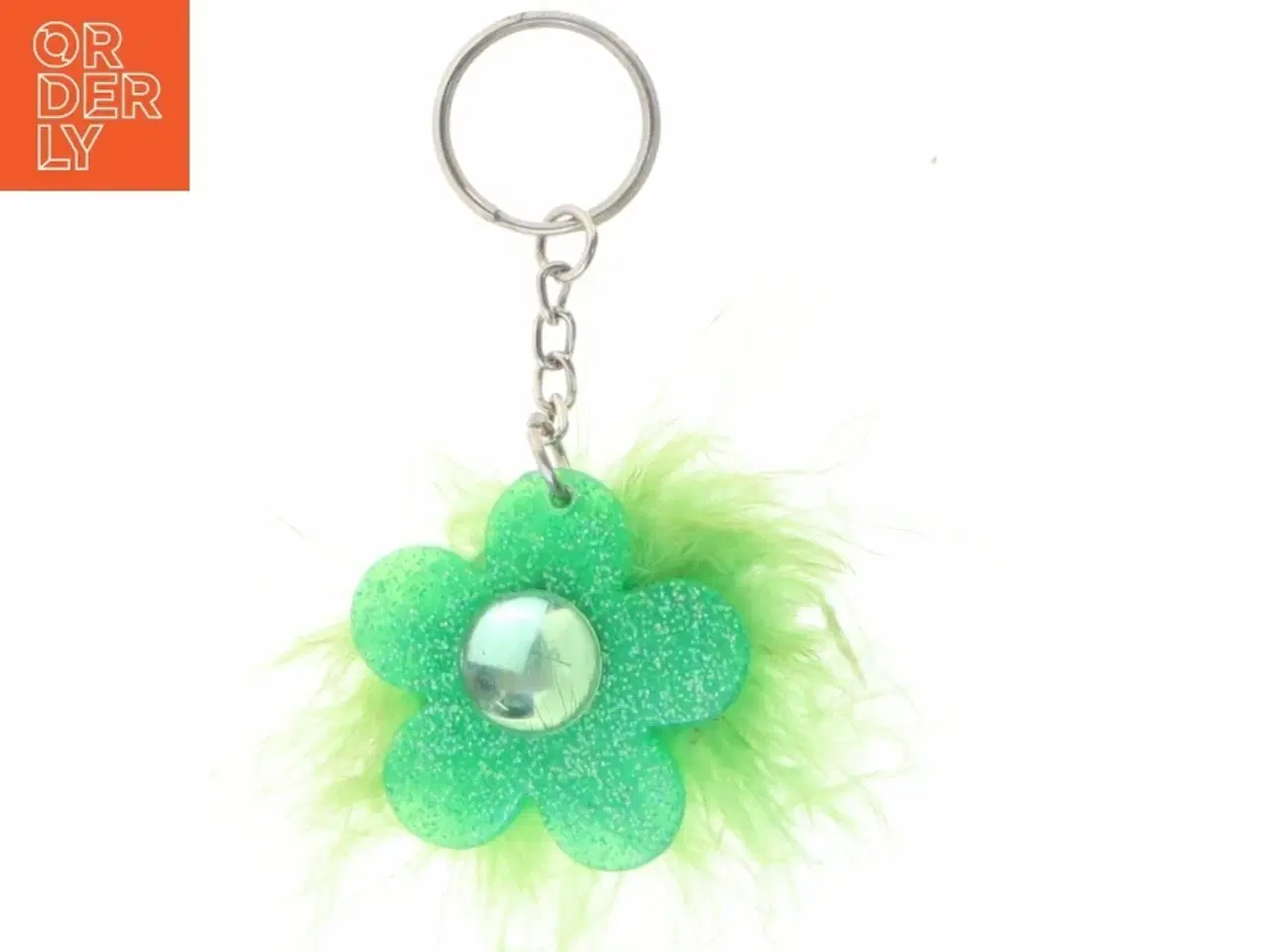 Billede 1 - Grøn nøglering med fjer og blomster vedhæng (str. 10 x 5 cm)