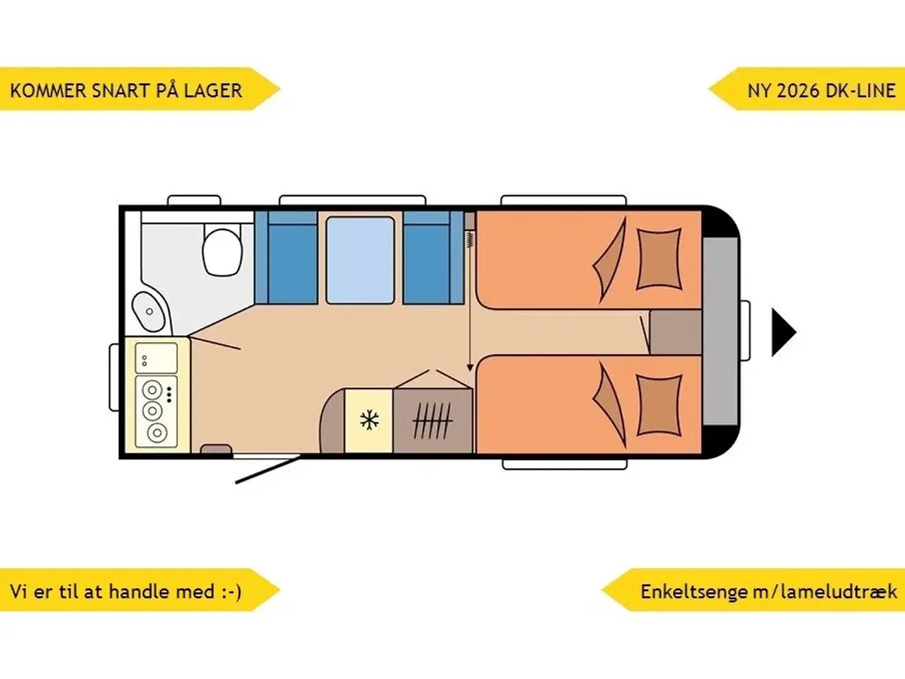 Billede 1 - 2026 - Hobby De Luxe 460 SL   Ny 2026 KOMMER SNART PÅ LAGER. TILBUD DK-Line med masser af udstyr INKL. i prisen. Enkeltsenge samt endekøkken og stort badeværelse. LAV VÆGT.